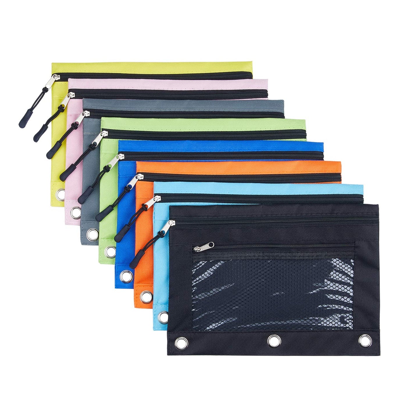 8-Pack Multi-Color 3-Ring Pencil Pouches with Zipper
