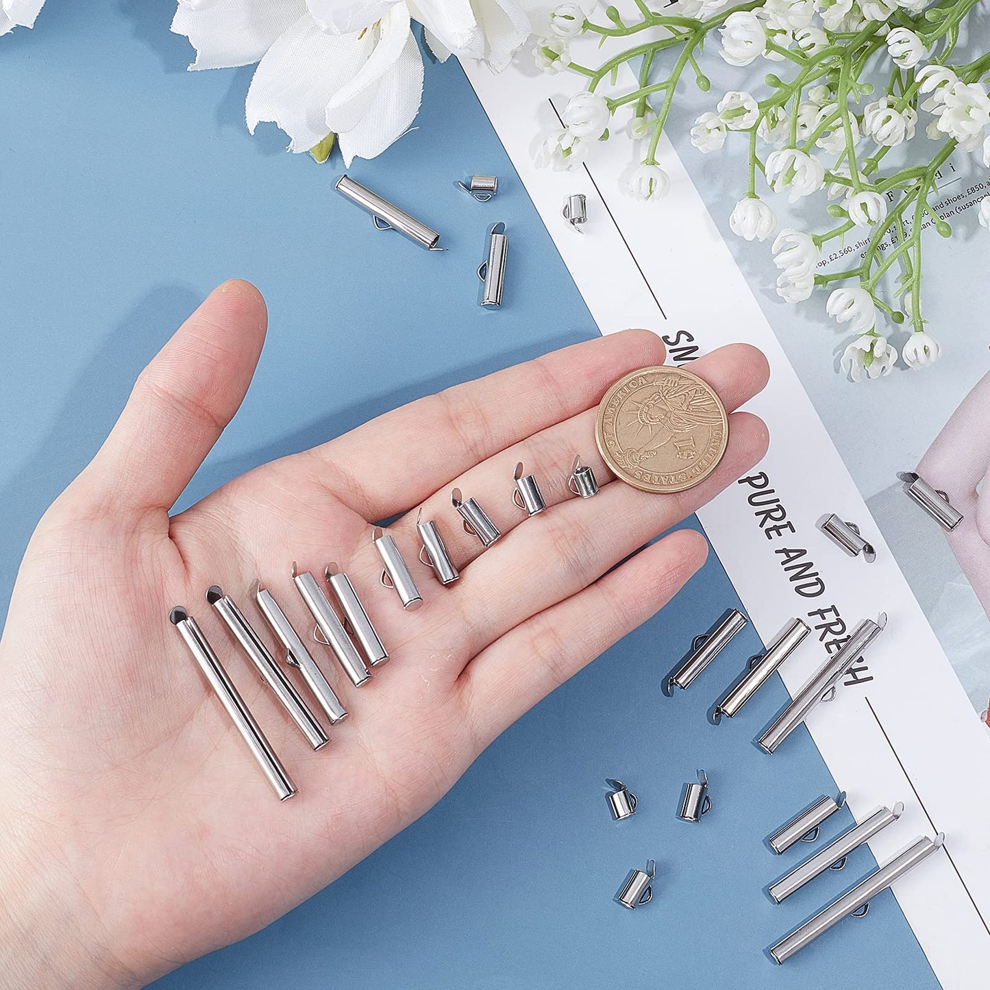 100pcs Stainless Steel Slide On End Clasp Tube Buckles for Jewelry Making