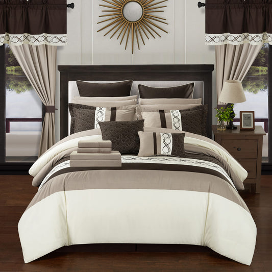 Idit 24 Piece Comforter Set Color Block Embroidered Design Complete Bag Bedding, King, Beige