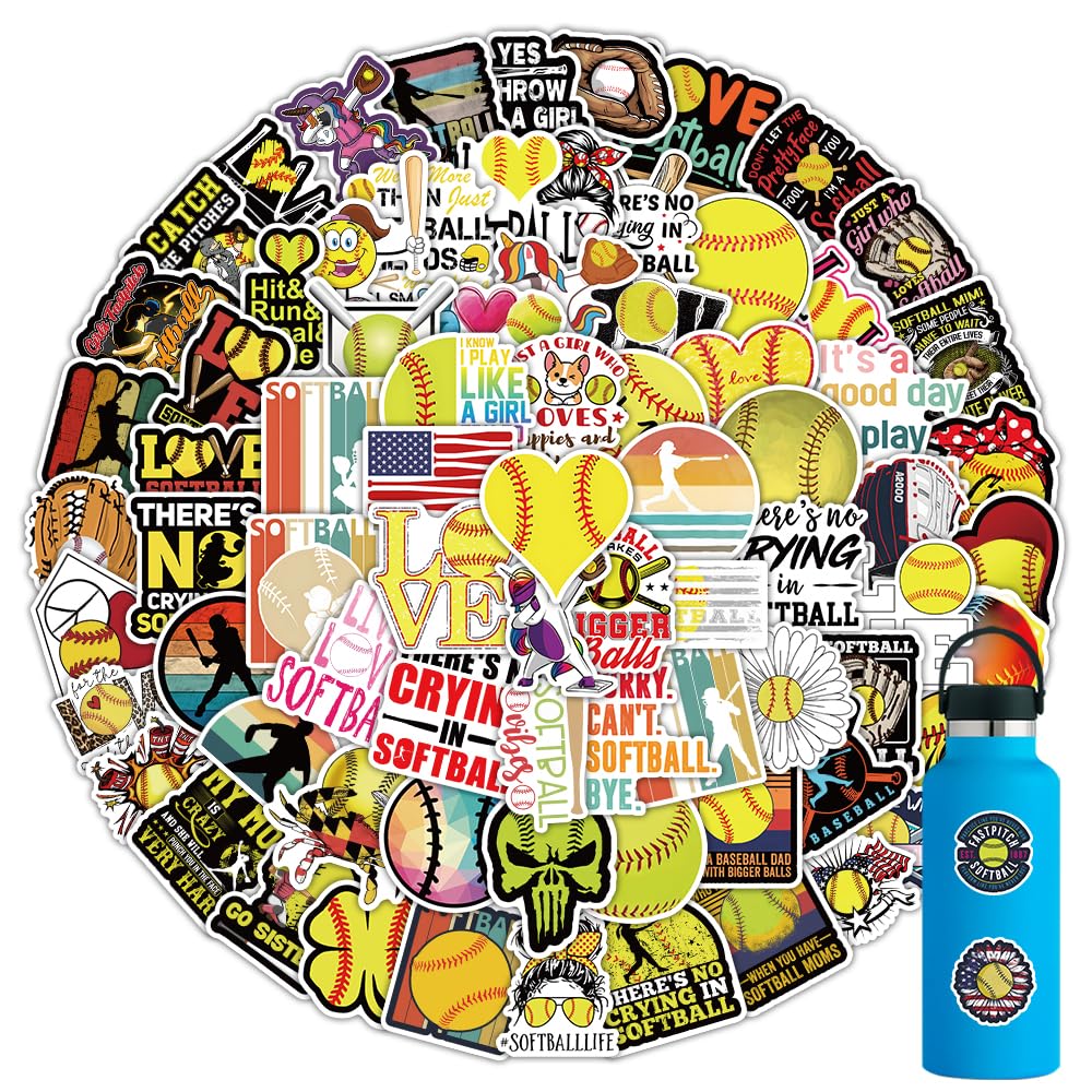 100 Waterproof Softball Stickers for Laptops and More