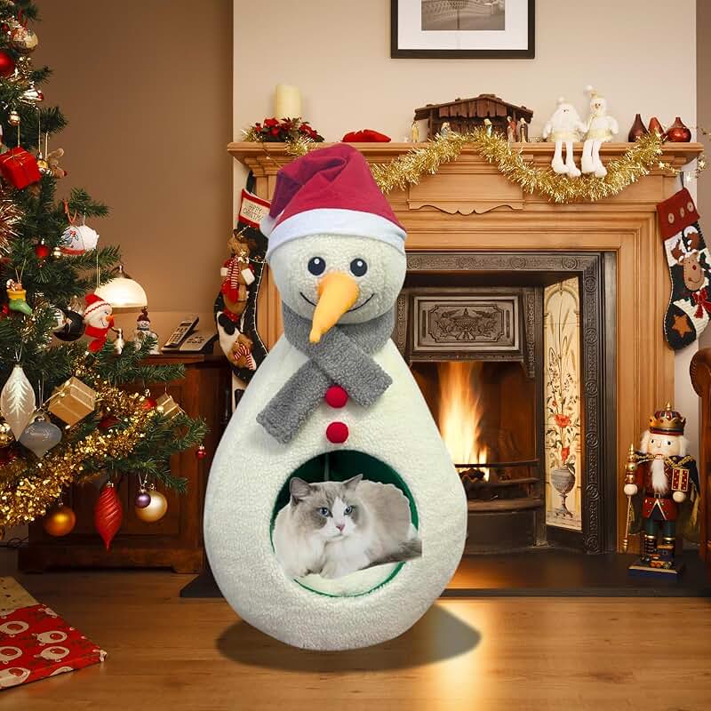 Christmas Cat House with Snowman Design and Removable Cushion