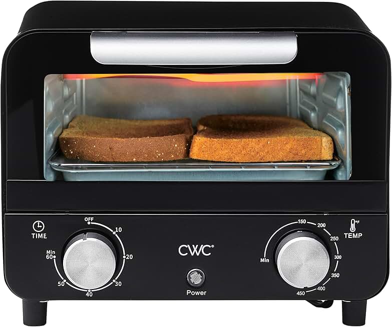 Mini toaster oven with 600W, timer, auto shutoff, and 450°F heat