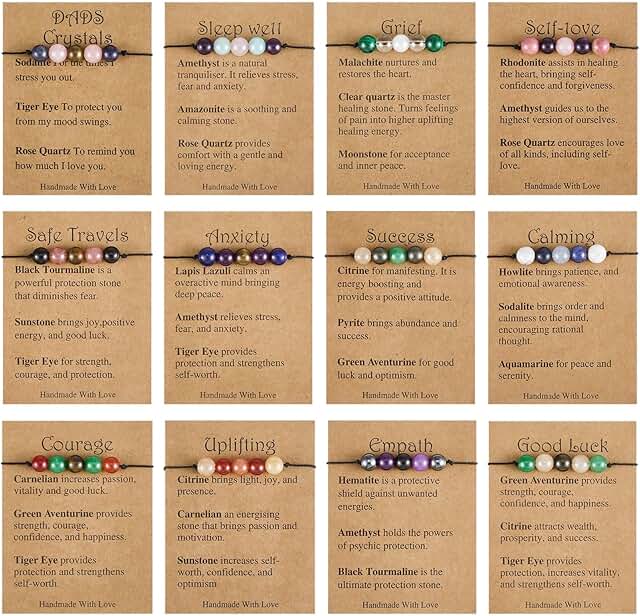 Set of 12 Crystal Healing Beaded Bracelets for Good Luck and Anxiety Relief