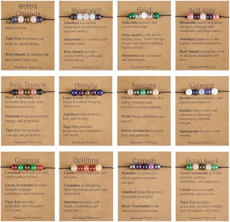 Set of 12 Crystal Healing Beaded Bracelets for Good Luck and Anxiety Relief