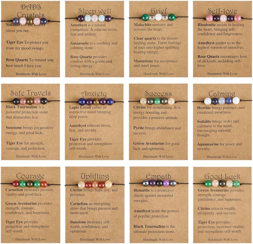 Set of 12 Crystal Healing Beaded Bracelets for Good Luck and Anxiety Relief