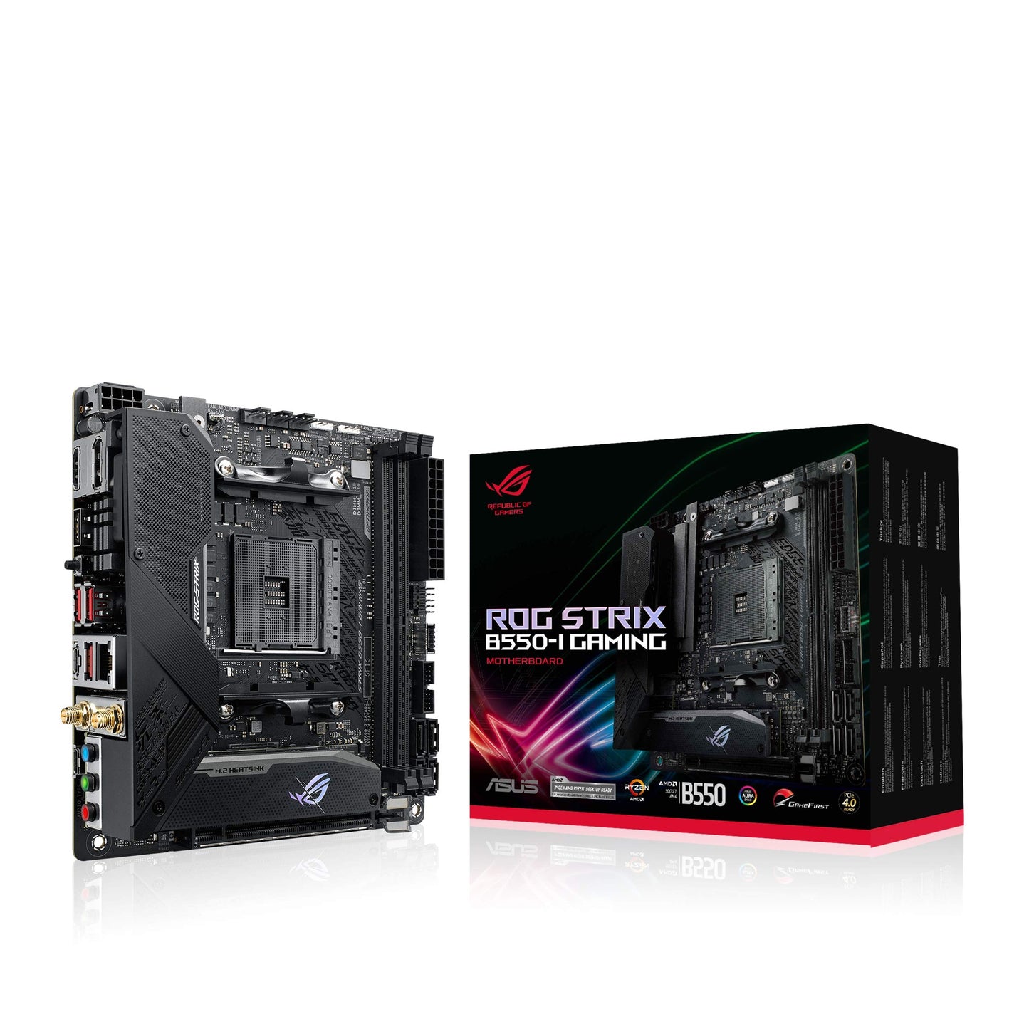 ROG Strix B550-I Gaming AMD AM4 (3rd Gen Ryzen) Mini-ITX SFF Gaming Motherboard (PCIe 4.0, WiFi 6, 2.5Gb LAN, DDR4 5100+ (O.C.), Front USB 3.2 Gen 2 Type-C, Addressable Gen 2 RGB and Aura Sync)