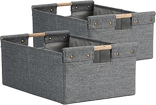 Set of 2 foldable cotton linen storage baskets with wooden handles