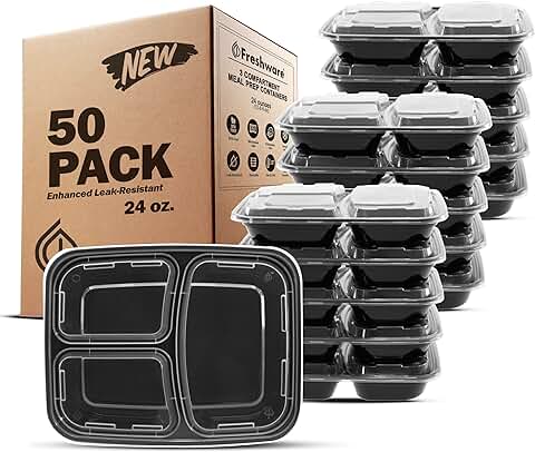 50 Pack 3-Compartment Meal Prep Containers with Lids