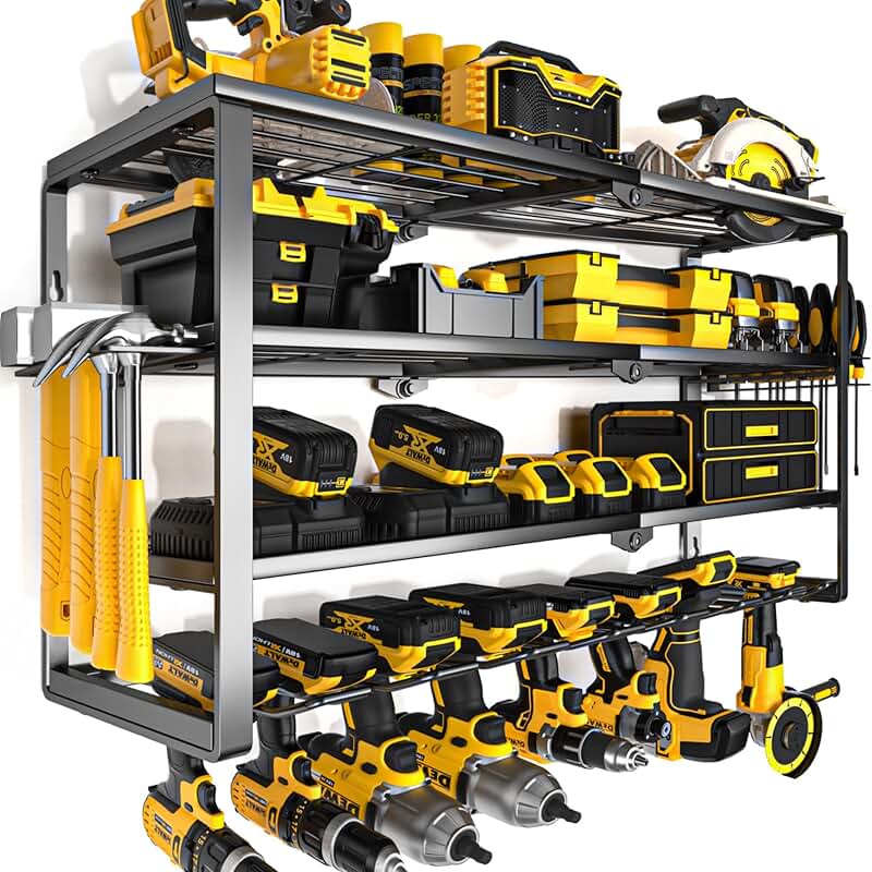 4-Layer Power Tool Organizer Wall Mount with Charging Shelf