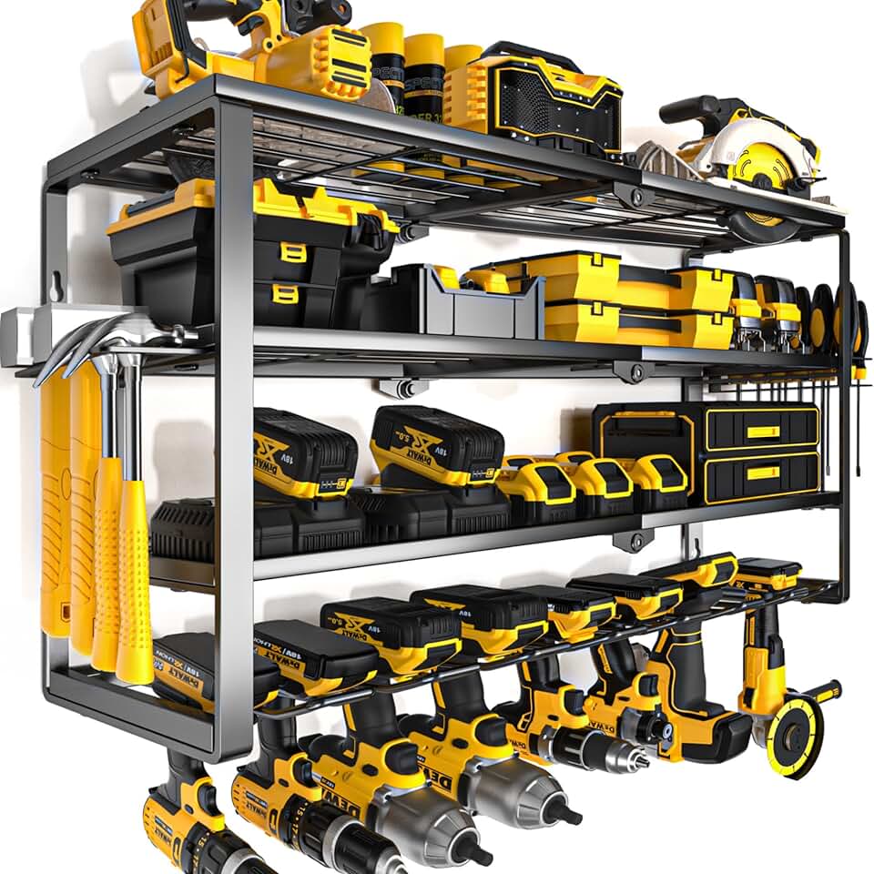 4-Layer Power Tool Organizer Wall Mount with Charging Shelf