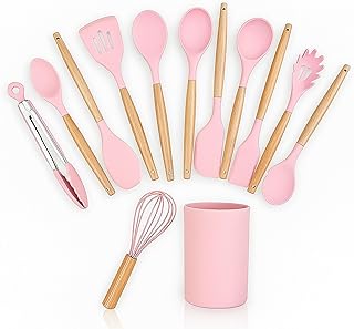 Pink Silicone Kitchen Utensil Set with Wooden Handles
