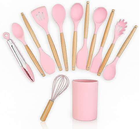 Pink Silicone Kitchen Utensil Set with Wooden Handles