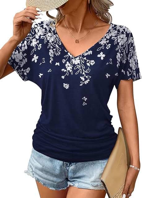 Women's Summer Casual V-Neck Floral Short Sleeve Top