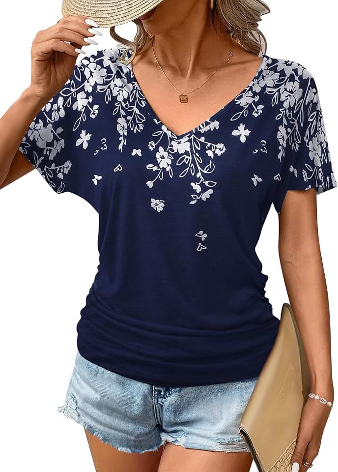 Women's Summer Casual V-Neck Floral Short Sleeve Top