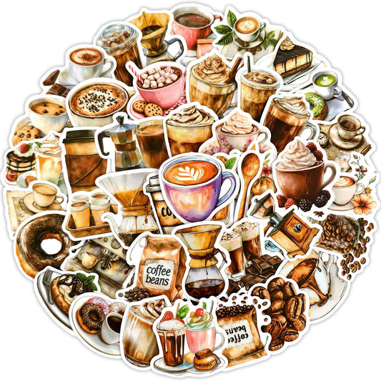 50 Waterproof Coffee Bean Stickers for Water Bottles and Laptops
