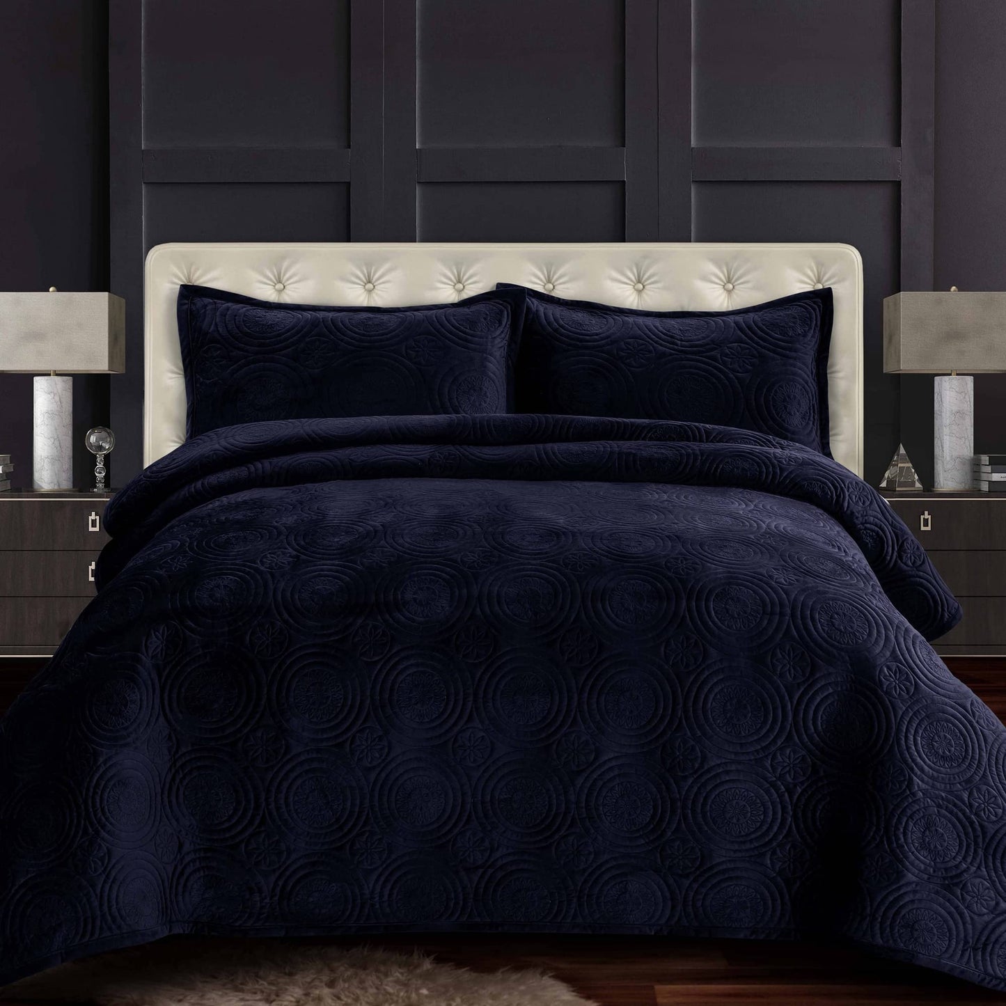 Oversized Three Piece Queen Bed, 260GSM Soft Velvet Quilted Set Includes One Quilt  Two Sham Pillowcases, Indigo 3 Count