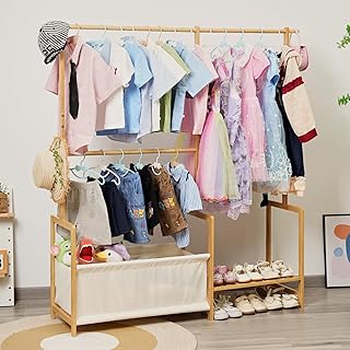 Kids Clothing Rack with Storage and Adjustable Rods