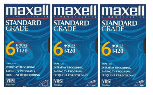 VHS Blank 3-Pack Standard Grade T-120 6 Hour EP Mode