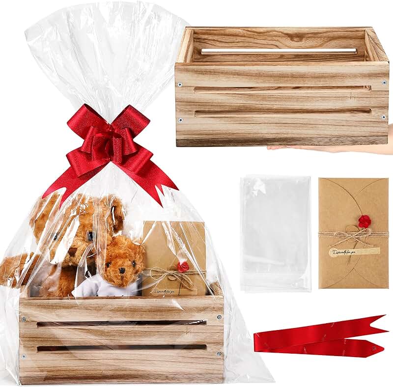 Large wooden gift basket with ribbon and card