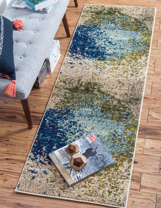 Estrella Abstract, Modern, Light Colors, Distressed Area Rug, 2 ft 7 in x 10 ft, Blue/Beige