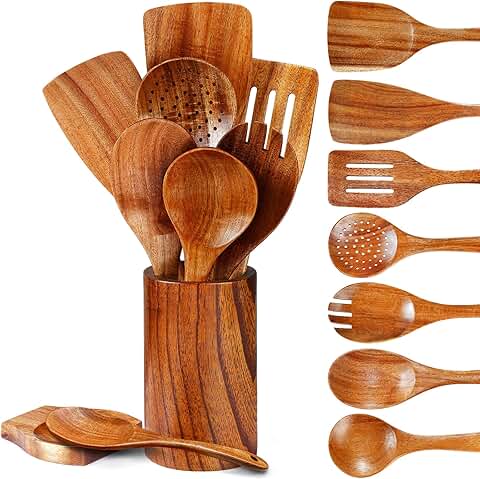 Natural 9-Piece Teak Wooden Kitchen Utensil Set