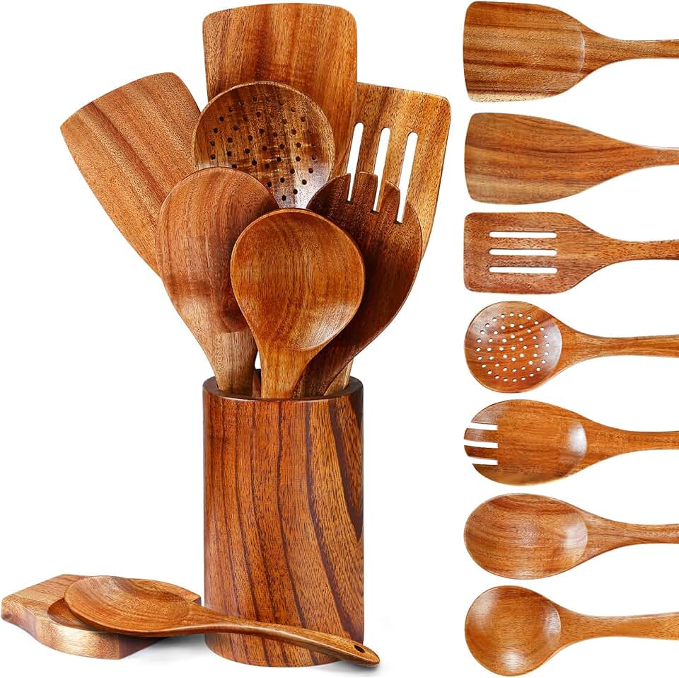 Natural 9-Piece Teak Wooden Kitchen Utensil Set