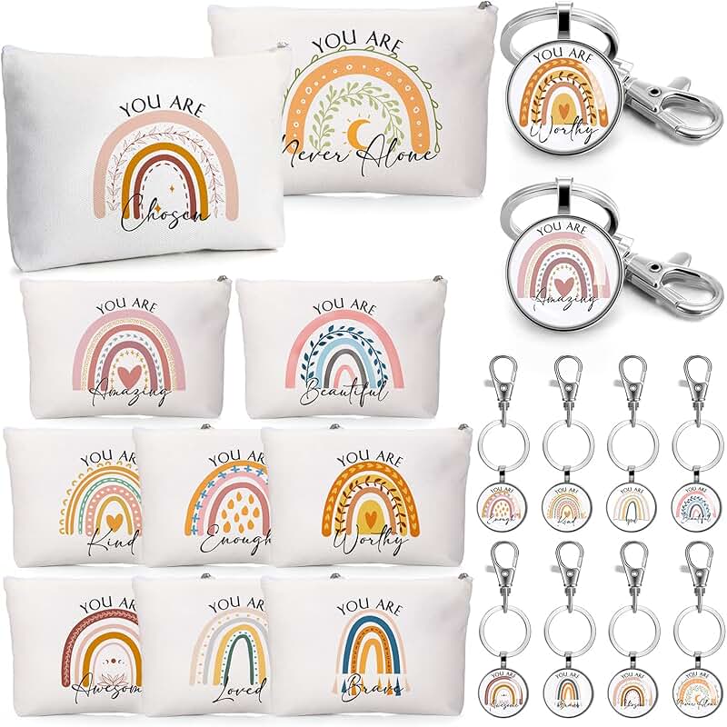 60 Pcs Employee Appreciation Gift Set with Rainbow Makeup Bags and Inspirational Keychains