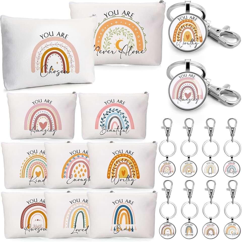 60 Pcs Employee Appreciation Gift Set with Rainbow Makeup Bags and Inspirational Keychains