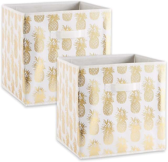 Large White and Gold Non Woven Polyester Storage Bins with Pineapple Design