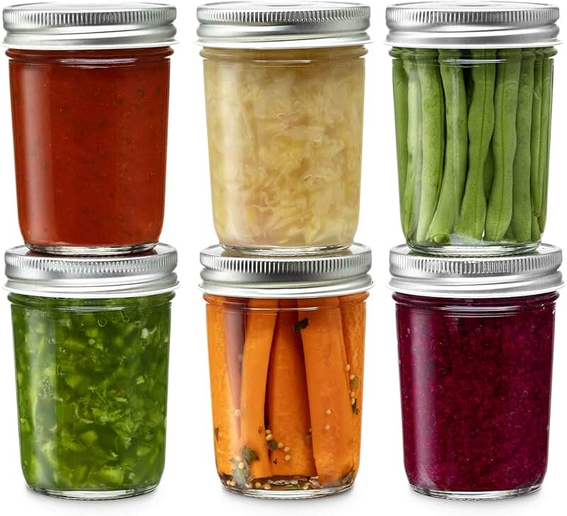 Set of 6 Eight-Ounce Glass Mason Jars with Silver Lids