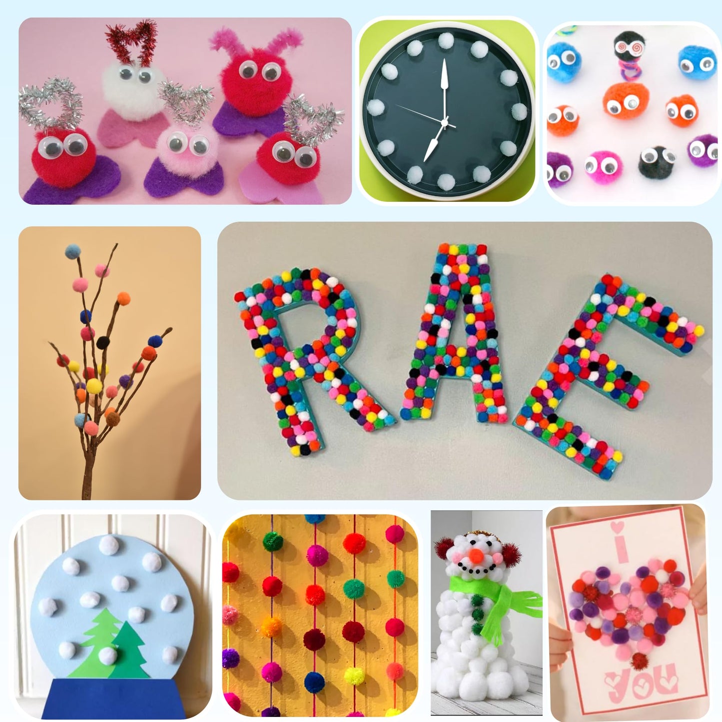 Multicolor Pom Poms Set with Googly Eyes, 300 Pieces
