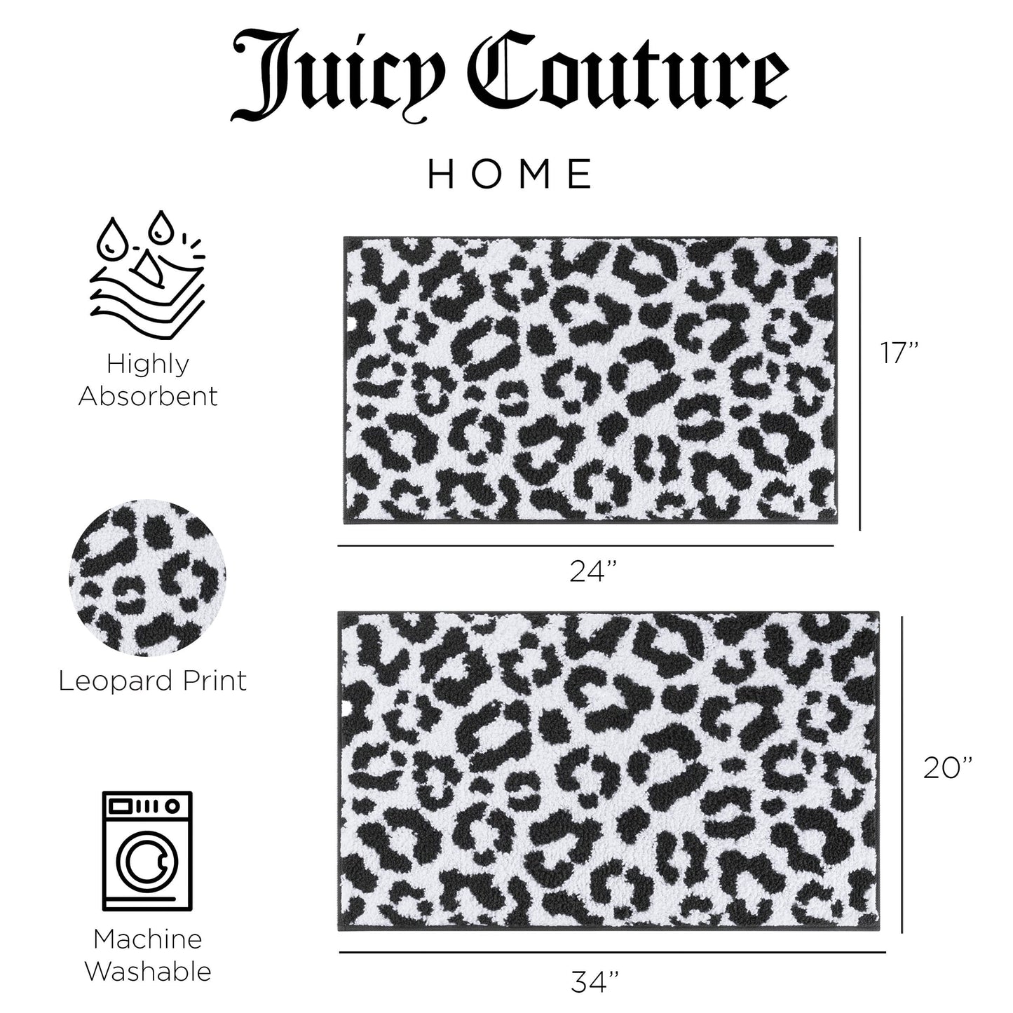 Ombre Leopard 100% Polyester Highly Absorbent Quick Drying Bathroom Mat, Set of 2, Black/White