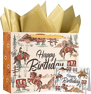 13-Inch Cowboy Birthday Gift Bags with Tissue and Card