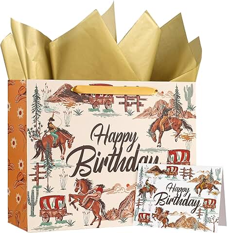 13-Inch Cowboy Birthday Gift Bags with Tissue and Card
