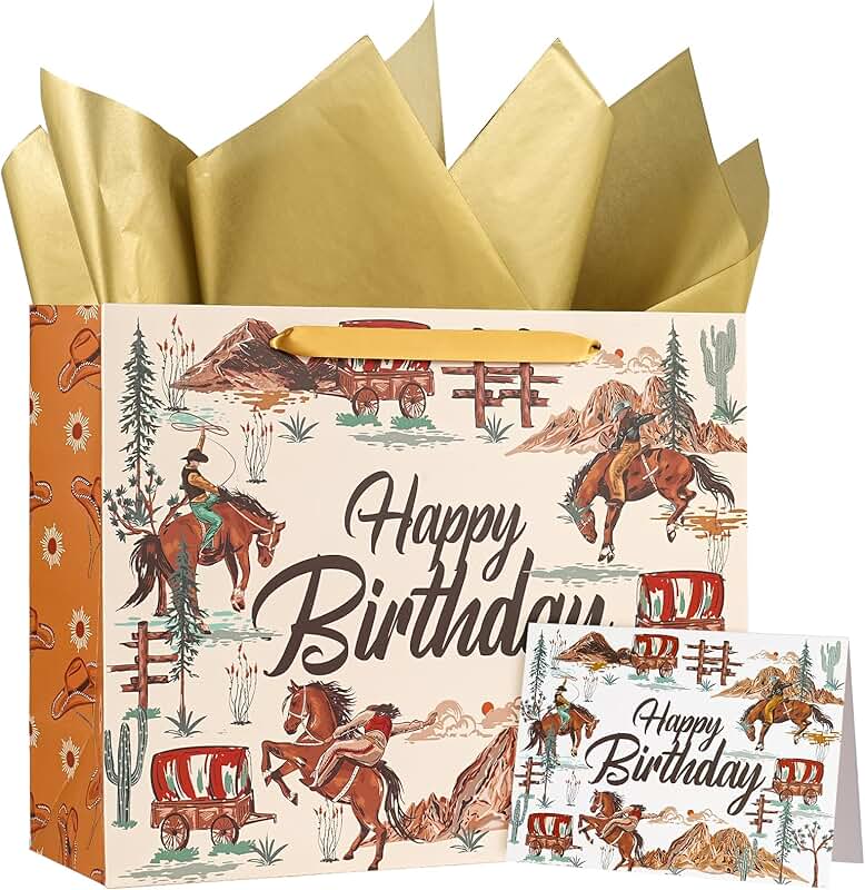 13-Inch Cowboy Birthday Gift Bags with Tissue and Card