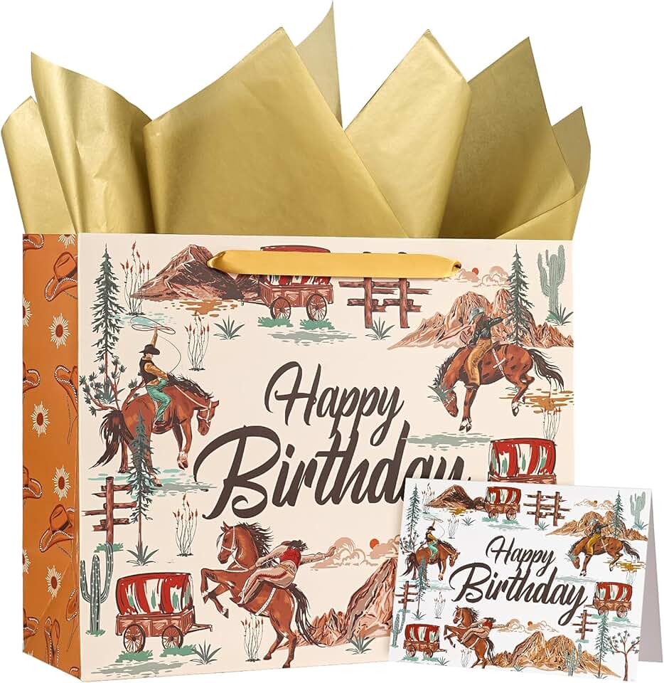 13-Inch Cowboy Birthday Gift Bags with Tissue and Card