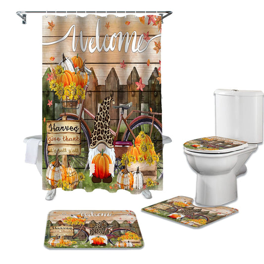 Thanksgiving Dwarfs Fall Harvest Pumpkin Shower Curtain Set 4 Pieces, Tet Lid Covers, Non- Floor Doormat Bath Rug, U-Shaped Carpat, Autumn Farm Fence Bathroom Accessories