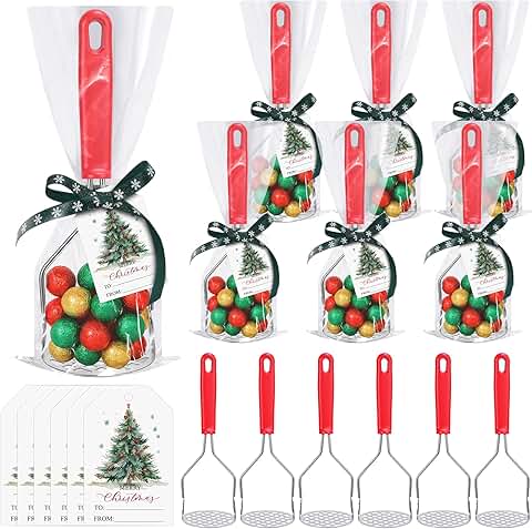 Six Stainless Steel Potato Mashers with Greeting Cards and Ribbons