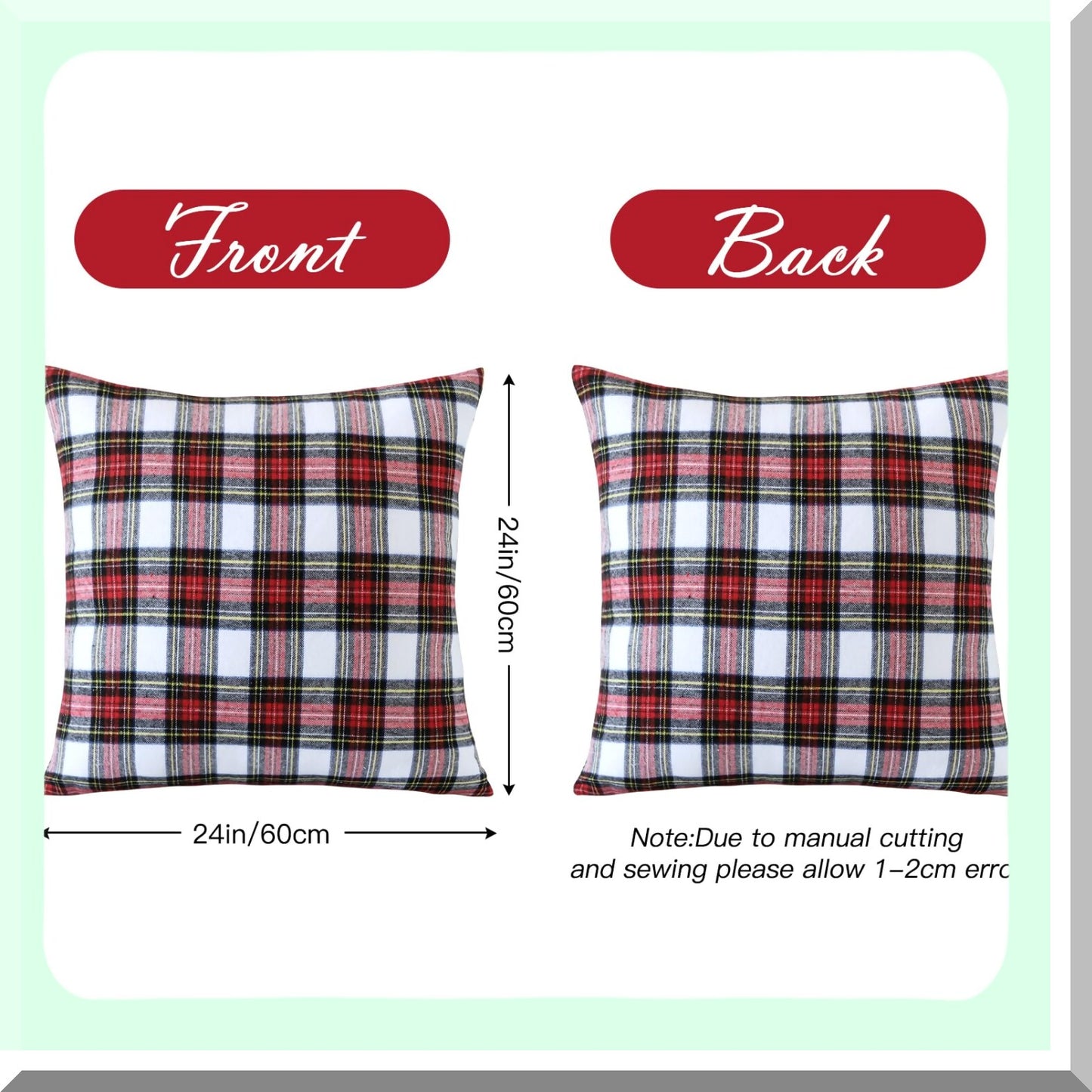 Farmhouse Plaid Pillow Covers - Set of 2, 24x24 Inch Decorative Cushion Cases for Sofa Couch Bed, Red White Black Checkered Design for Living Room