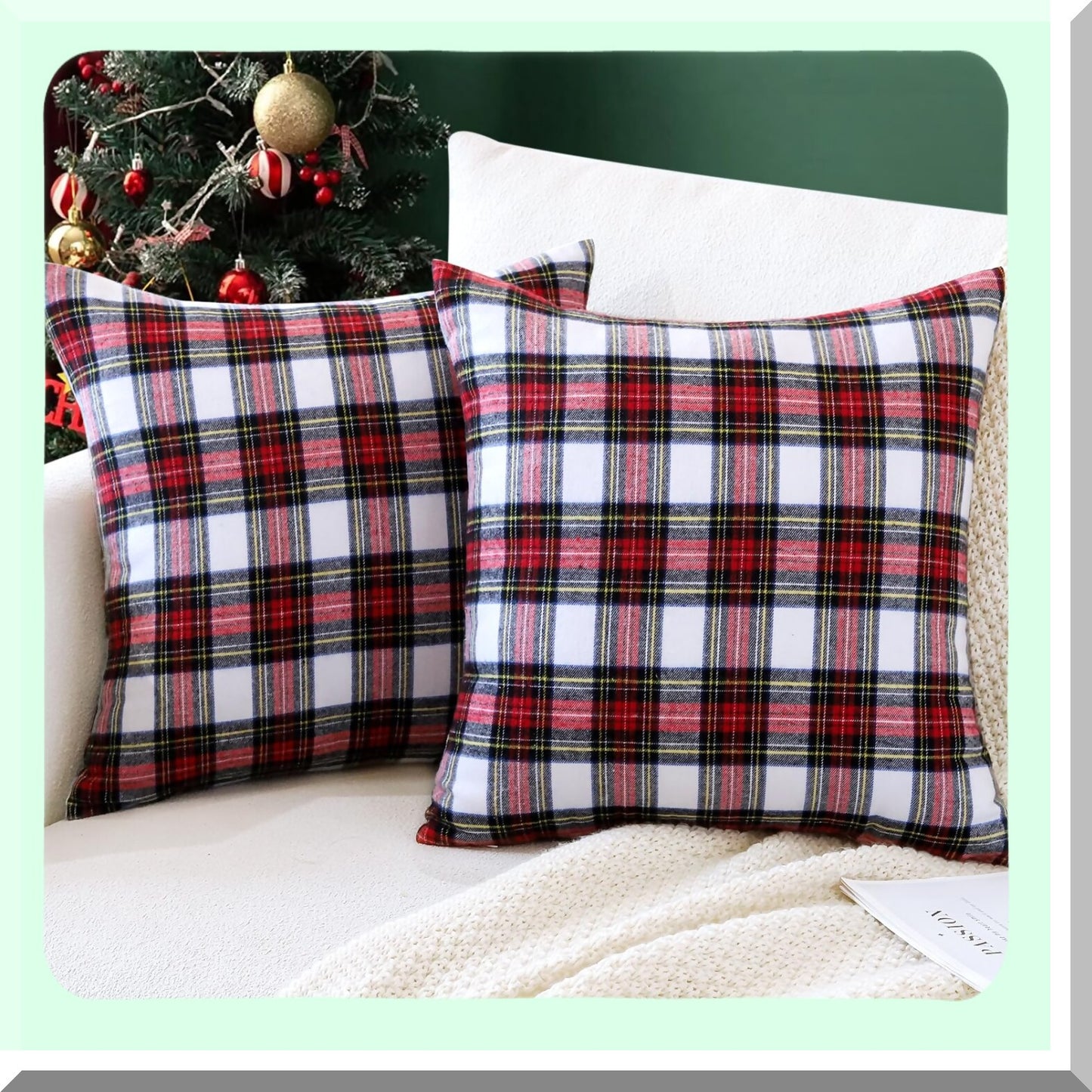 Farmhouse Plaid Pillow Covers - Set of 2, 24x24 Inch Decorative Cushion Cases for Sofa Couch Bed, Red White Black Checkered Design for Living Room