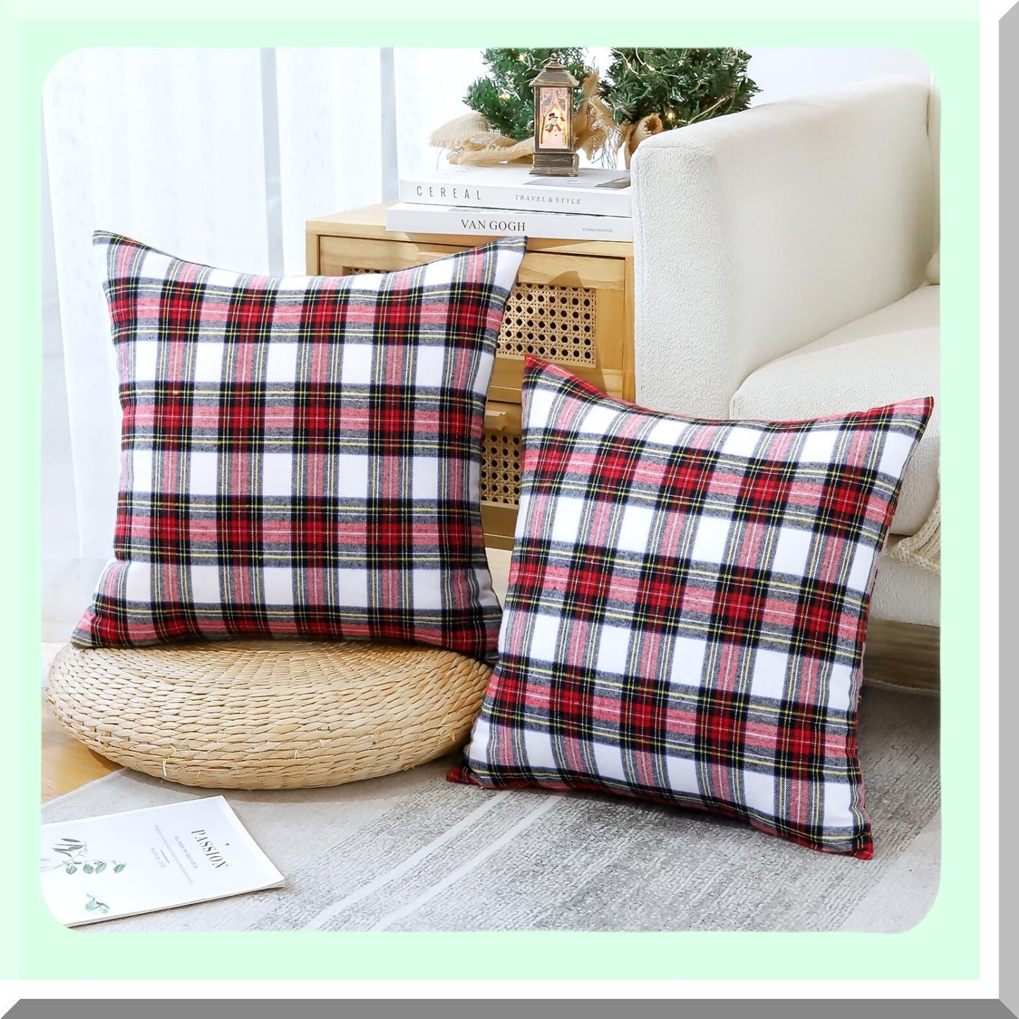 Farmhouse Plaid Pillow Covers - Set of 2, 24x24 Inch Decorative Cushion Cases for Sofa Couch Bed, Red White Black Checkered Design for Living Room