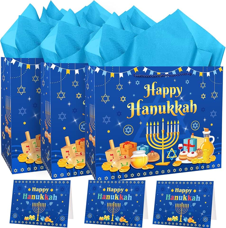 Blue Star of David Hanukkah Gift Bag Set with Cards