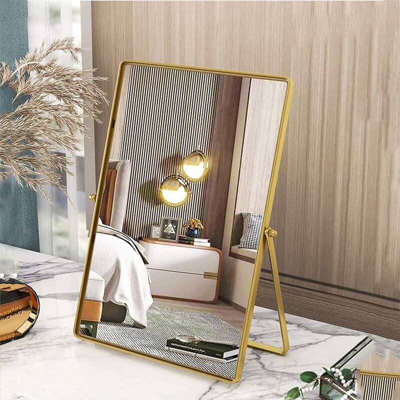 Portable rectangular desktop mirror with adjustable stand