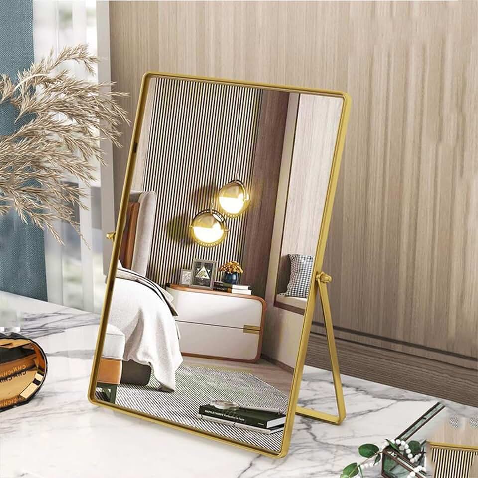 Portable rectangular desktop mirror with adjustable stand