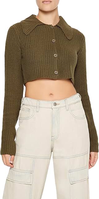 Women's Cropped Ribbed Knit Cardigan