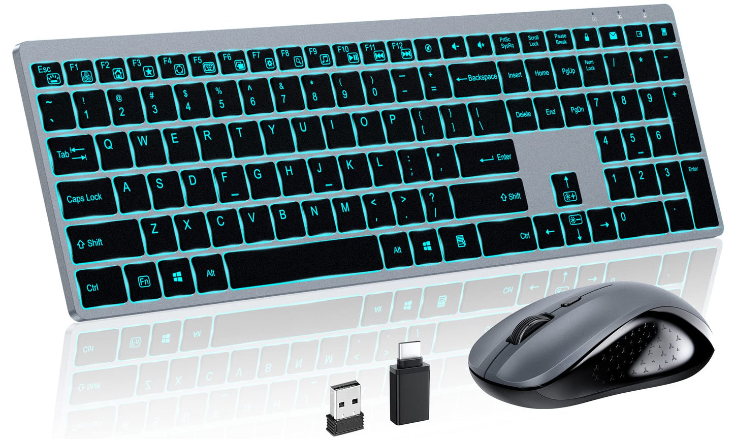 Wireless Keyboard and Mouse Combo Rechargeable, Full Size Wireless Keyboard with Backlit, 2.4G Silent USB Wireless Keyboard Mouse Combo [with USB C Adapter] for Windows, Mac OS Desktop/Laptop/PC