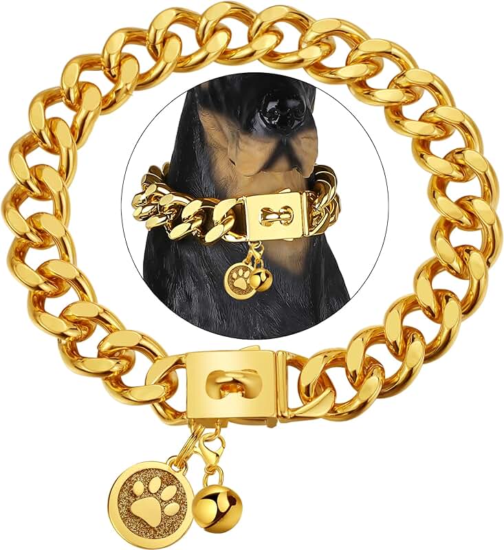 Gold Cuban Link Dog Collar with Tag and Bell
