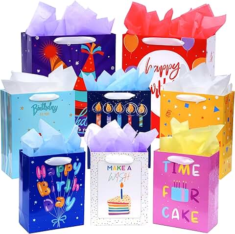 Set of 8 Assorted Gift Bags with Handles and Tissue Paper
