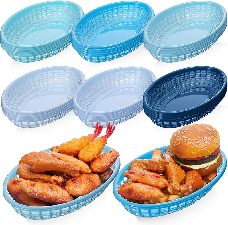 Set of 48 Blue Plastic Food Baskets for Snacks and Sandwiches