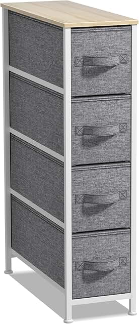 Narrow 4-Drawer Dresser with Steel Frame and Fabric Bins
